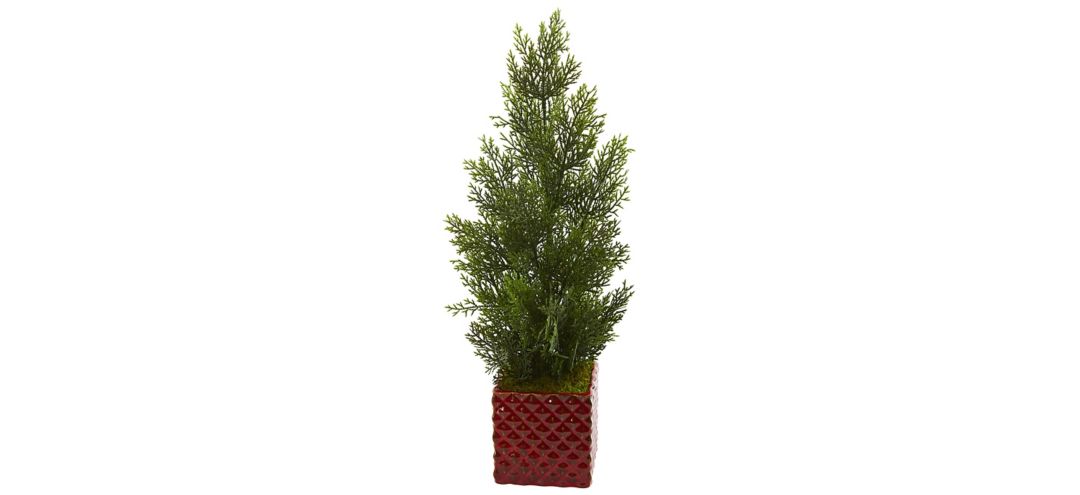 "25"" Mini Cedar Pine Artificial Tree in Red Planter (Indoor/Outdoor)"