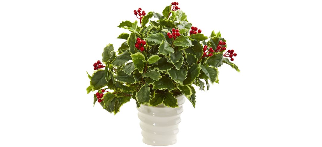 Variegated Holly Artificial Plant in White Vase