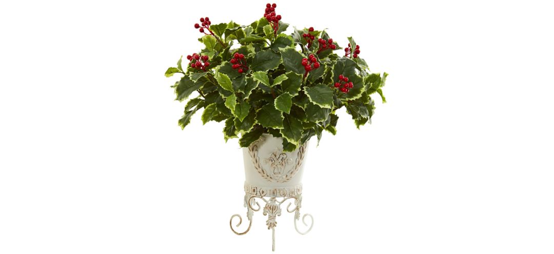 Variegated Holly Artificial Plant in Metal Planter