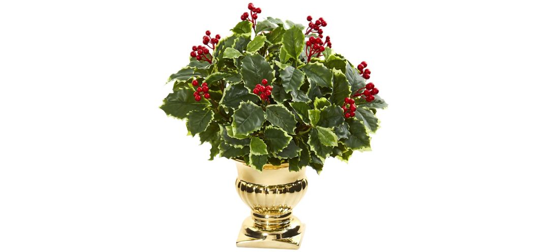 16” Holly Leaf Artificial Plant in Gold Urn