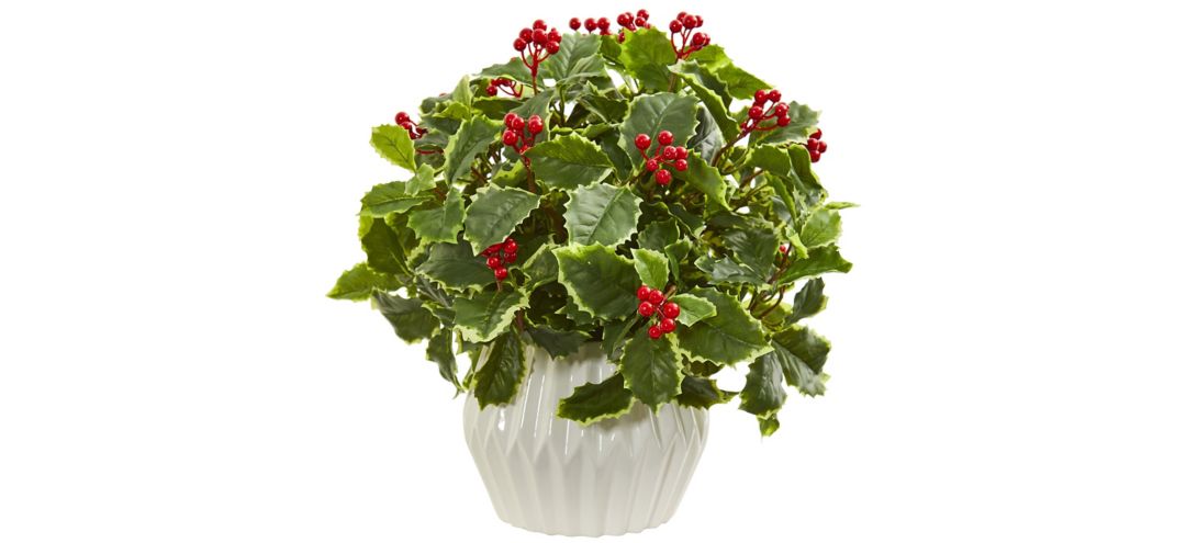 15” Holly Leaf Artificial Plant in White Vase
