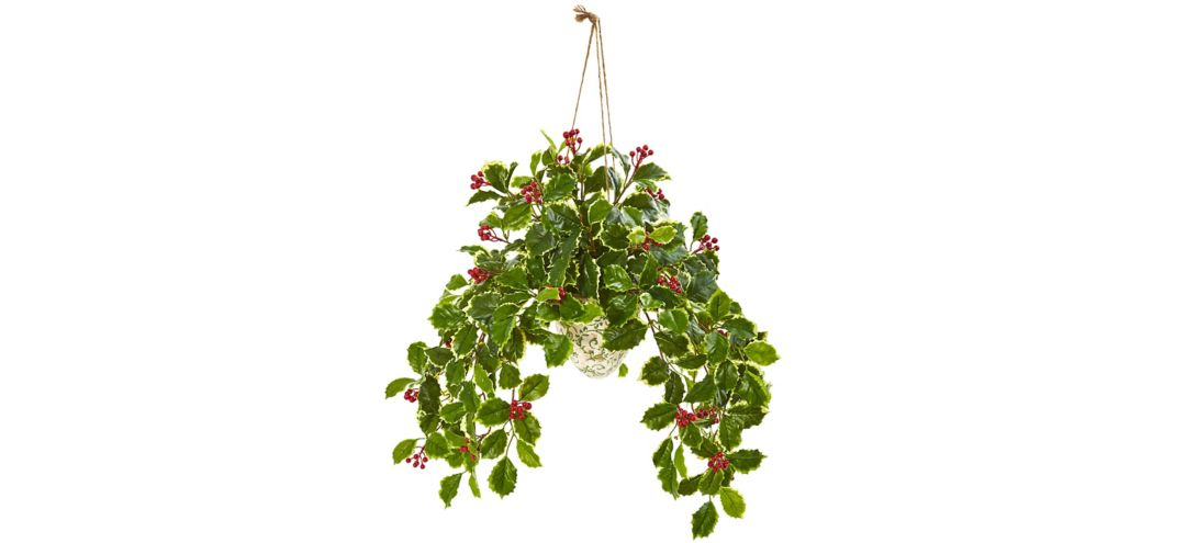 30” Variegated Holly Berry Artificial Plant in Hanging Vase