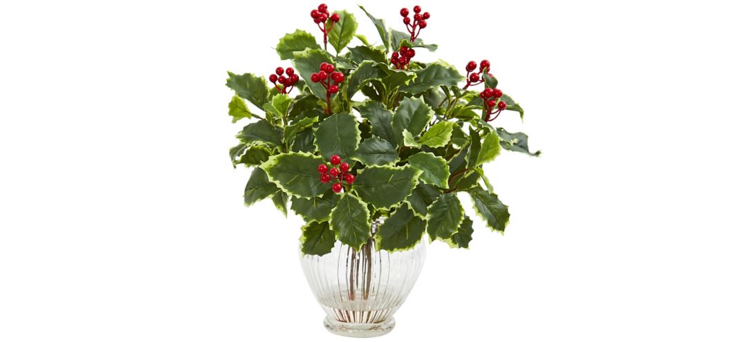 15” Variegated Holly Leaf Artificial Plant in Vase
