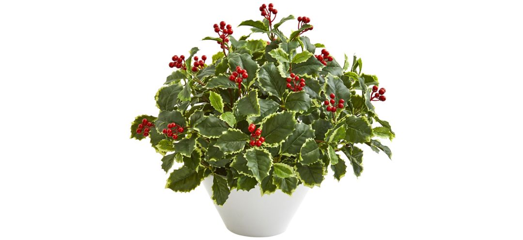22” Variegated Holly Leaf Artificial Plant in White Vase
