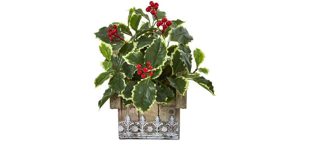 "12"" Variegated Holly Leaf Artificial Plant in Hanging Floral Design House Planter"