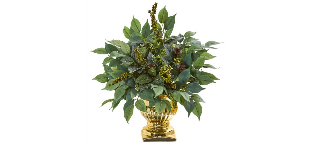 "15"" Royal Ficus and Fittonia Artificial Plant in Gold Urn"