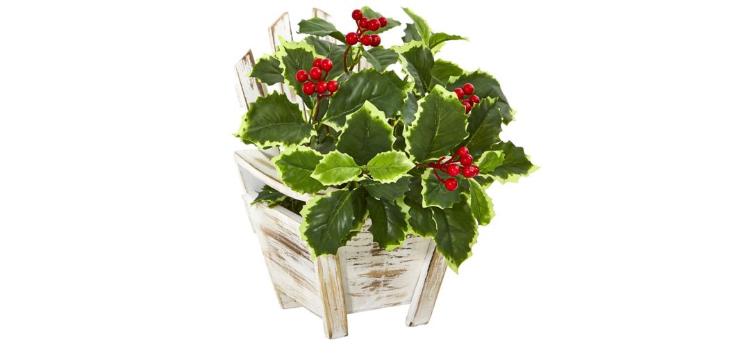 "11"" Variegated Holly Leaf Artificial Plant in Chair Planter"