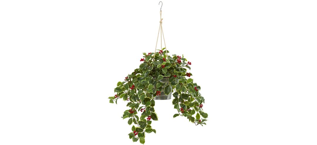 42 Variegated Holly Berry Artificial Plant in Hanging Bucket