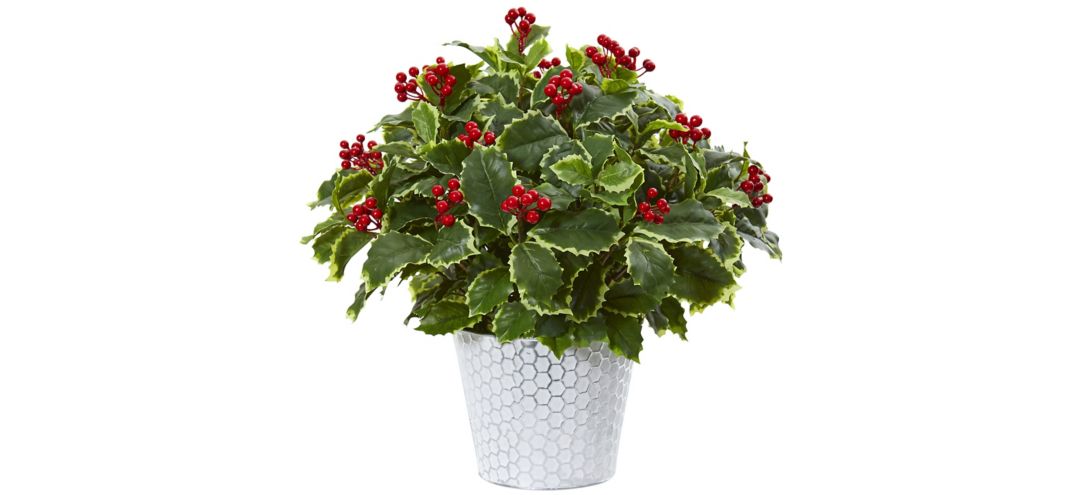 "17"" Variegated Holly Leaf Artificial Plant in Decorative Planter"