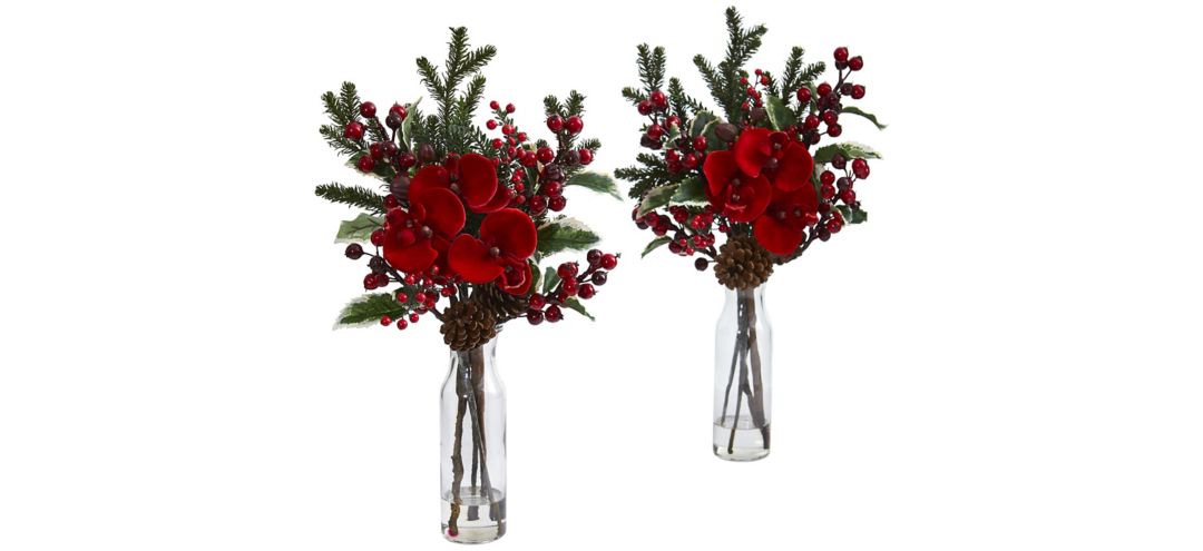 Holly Berry and Orchid Artificial Arrangement in Vase: Set of 2