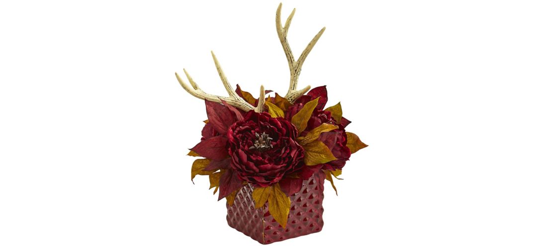 Peony and Antlers Artificial Arrangement in Red Vase