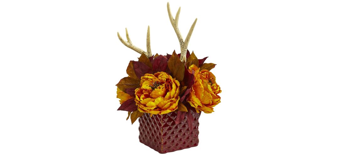 Peony and Antlers Artificial Arrangement in Red Vase