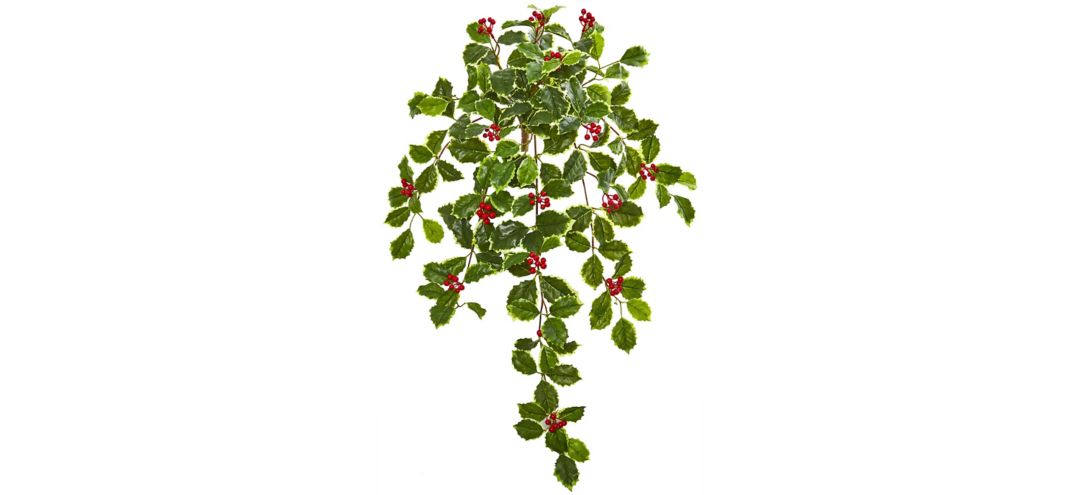 27” Variegated Holly Leaf with Berries Hanging Bush Artificial Plant: Set of 3