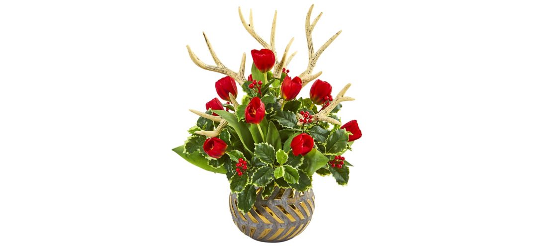 Tulips, Antlers and Holly Leaf Artificial Arrangement in Bowl