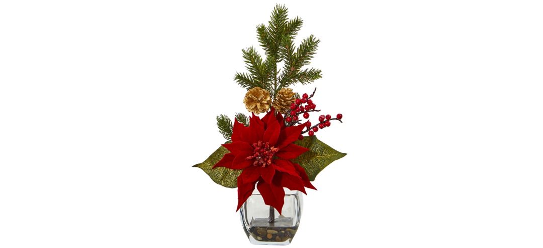 Poinsettia, Berry and Pine Artificial Arrangement in Vase