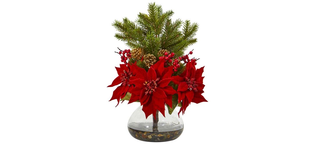 Poinsettia, Berry and Pine Artificial Arrangement in Vase