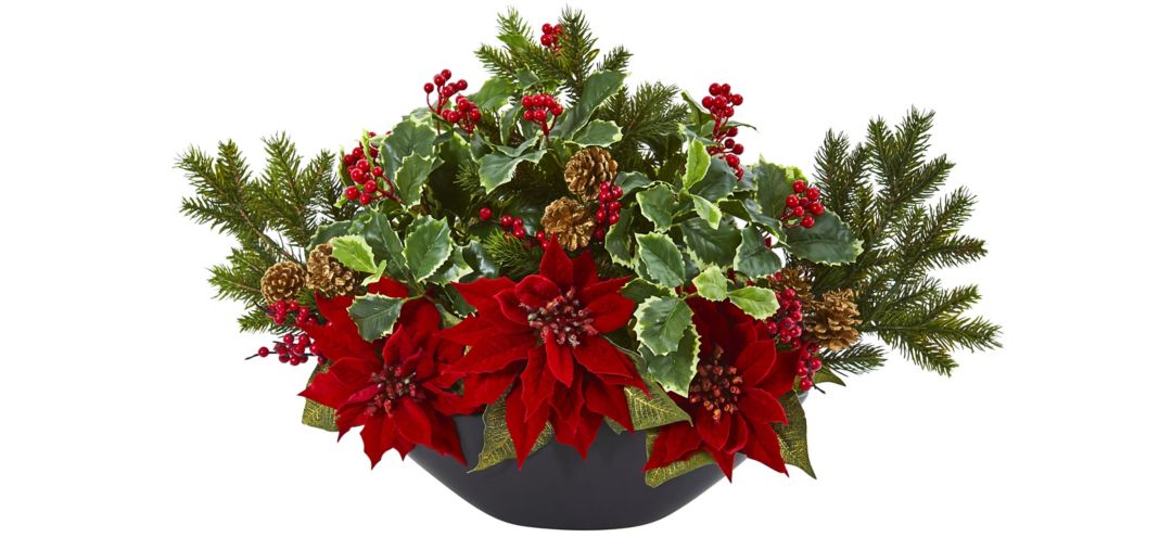 Poinsettia, Holly, Berry and Pine Artificial Arrangement