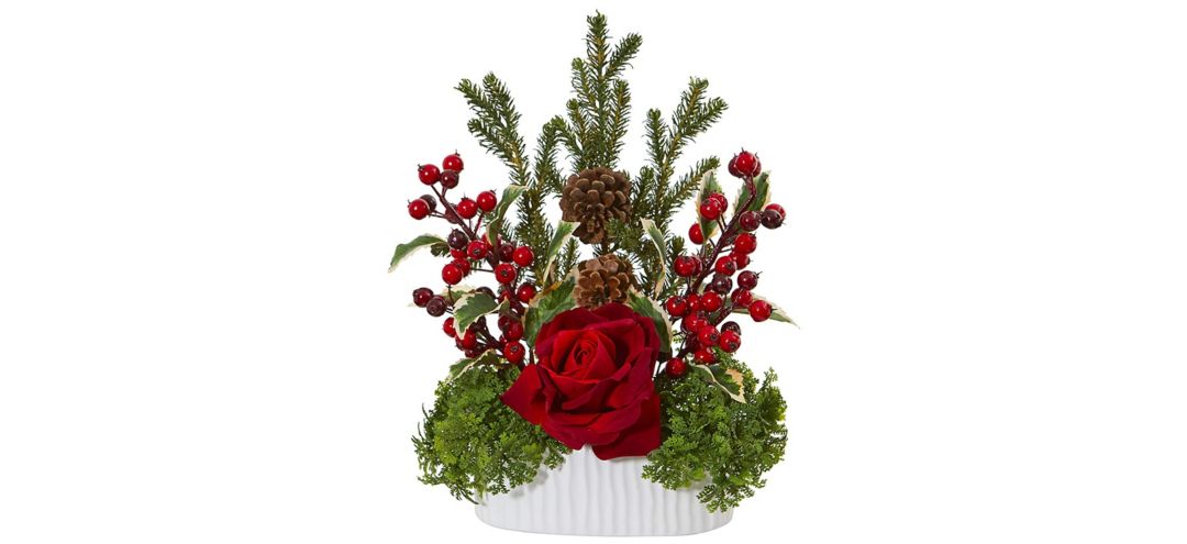 Rose, Holly Berry, Pine & Pinecone Artificial Arrangement in White Vase