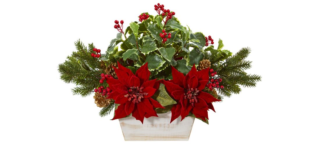 "24"" Poinsettia, Holly, Berry and Pine Artificial Arrangement in Planter"