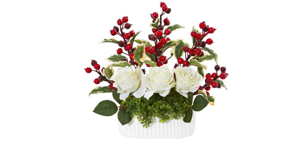 "12"" Rose and Holly Berry Artificial Arrangement in White Vase"