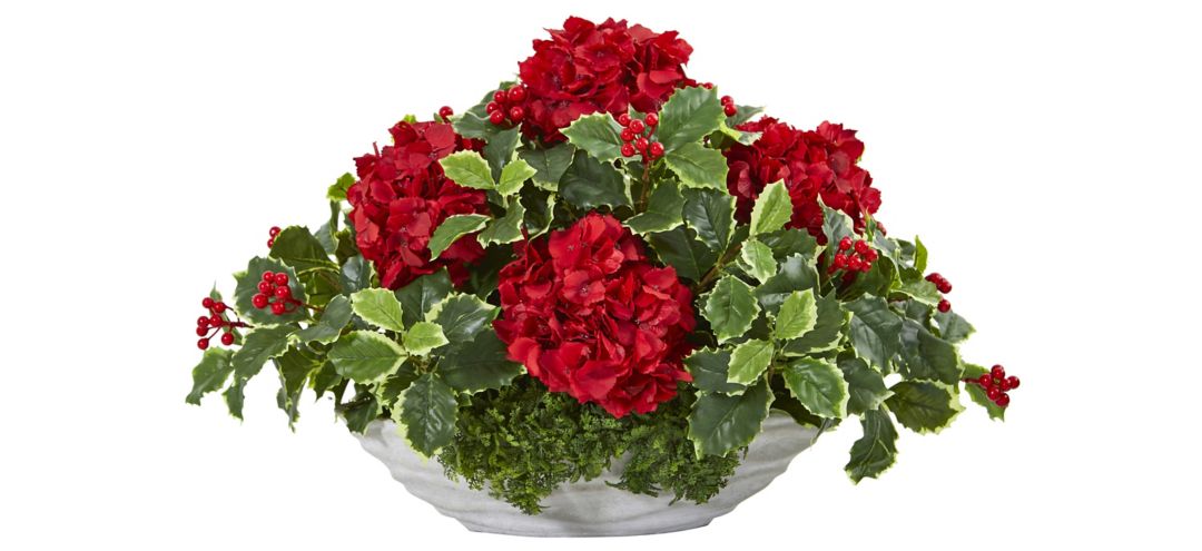 Hydrangea and Holly Leaf Artificial Arrangement in Decorative Vase