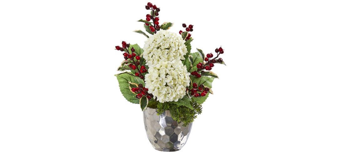 "19"" Hydrangea and Holly Berry Artificial Arrangement in Silver Bowl"