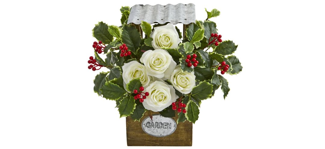 "14"" Rose and Variegated Holly Leaf Artificial Arrangement in Tin Roof Planter"