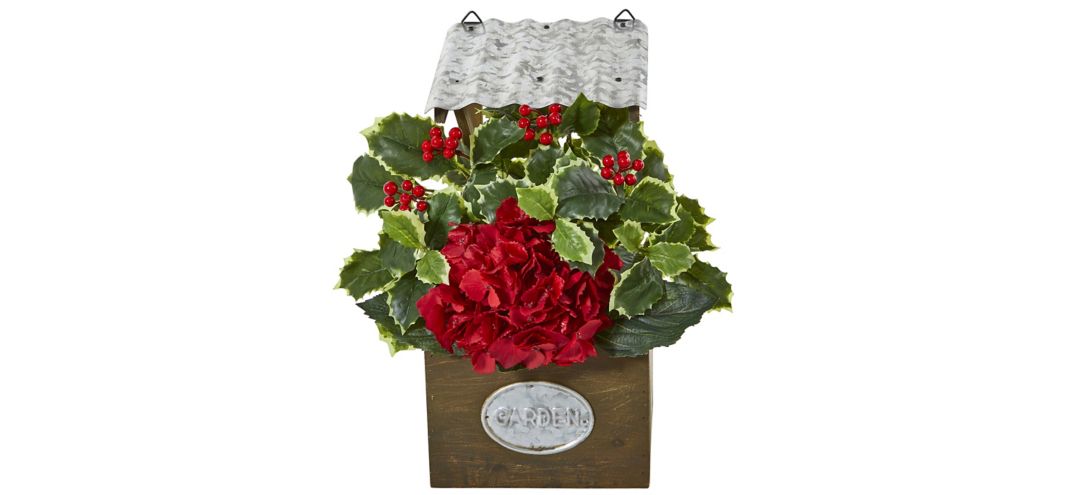 "14"" Hydrangea and Holly Leaf Artificial Arrangement in Tin Roof Planter"