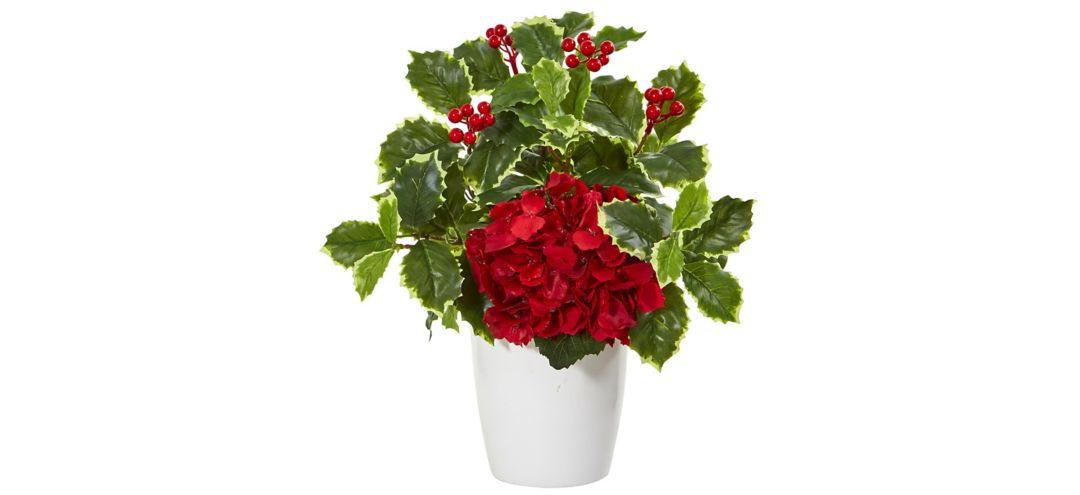 "14"" Hydrangea and Holly Leaf Artificial Arrangement in White Vase"