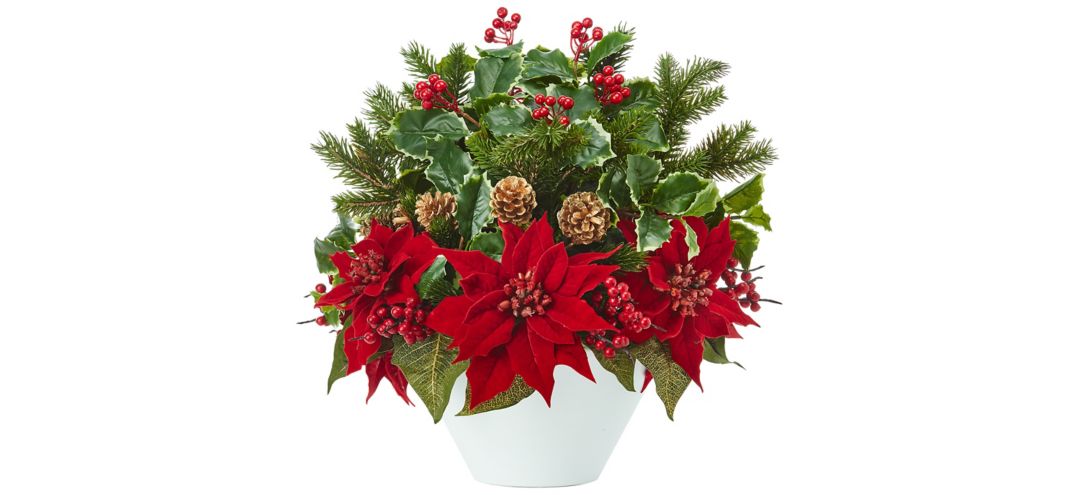 "18"" Poinsettia, Holly Leaf and Pine Artificial Arrangement in White Vase"