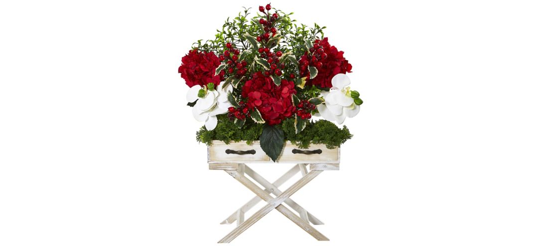 "26"" Hydrangea, Phalaenopsis Orchid and Holly Berry Artificial Arrangement in Drawer Planter"