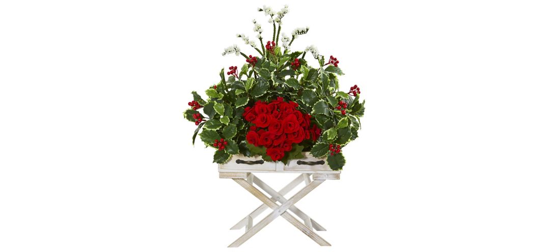 "28"" Begonia and Holly Leaf Artificial Arrangement in Drawer Planter"