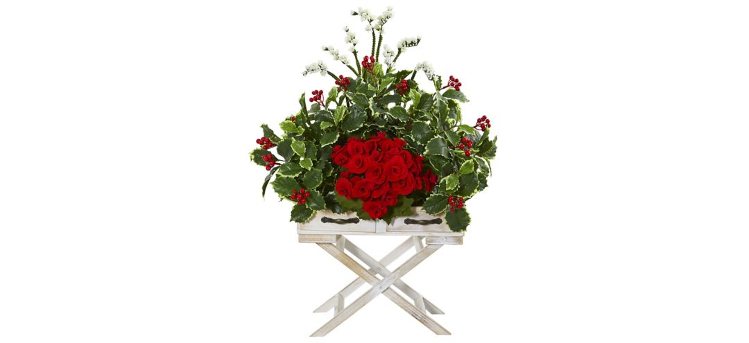 28 Begonia and Holly Leaf Artificial Arrangement in Drawer Planter