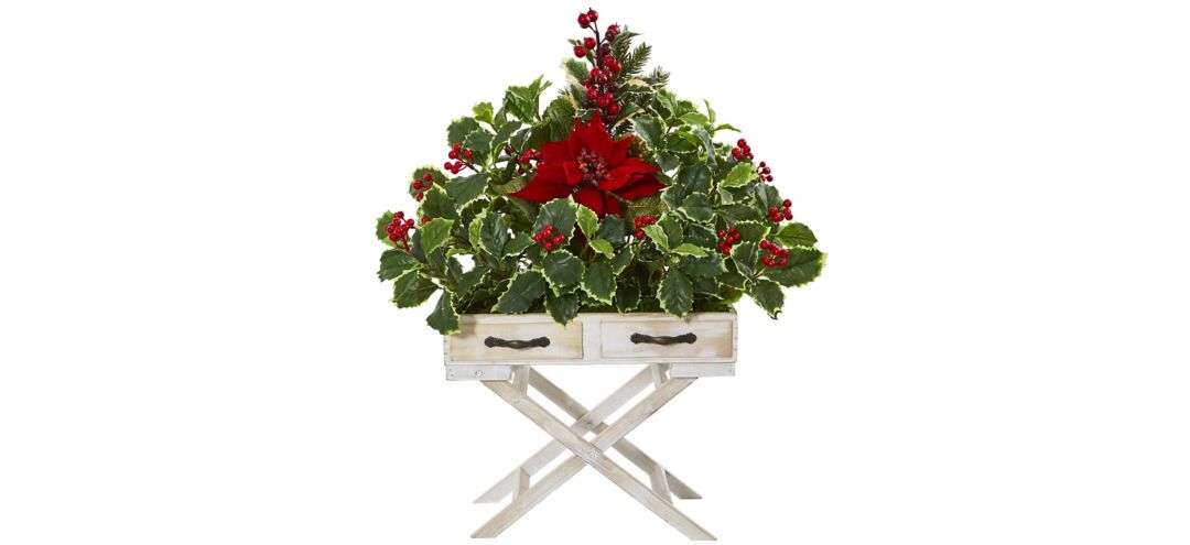 "26"" Poinsettia and Holly Berry Artificial Arrangement in Drawer Planter"