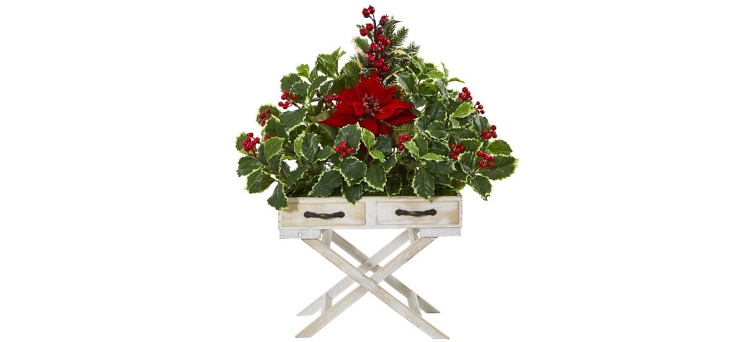 26 Poinsettia and Holly Berry Artificial Arrangement in Drawer Planter