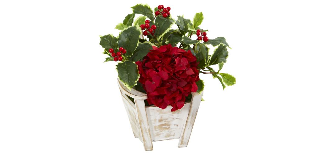 Hydrangea and Holly Leaf Artificial Arrangement in Chair Planter