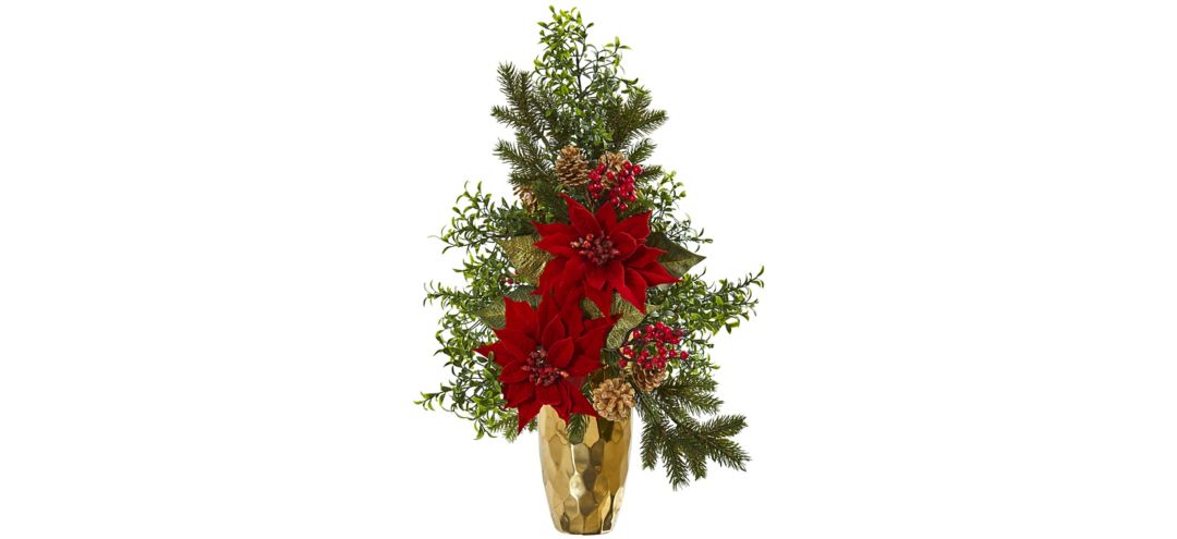 "25"" Poinsettia, Boxwood and Pine Artificial Arrangement in Gold Vase"