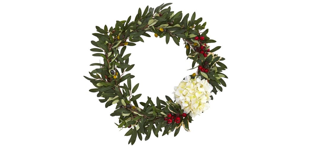 "21"" Olive, Hydrangea and Holly Berry Artificial Wreath"