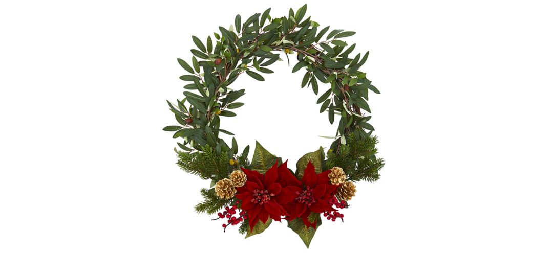 "21"" Olive with Poinsettia, Berry and Pine Artificial Wreath"