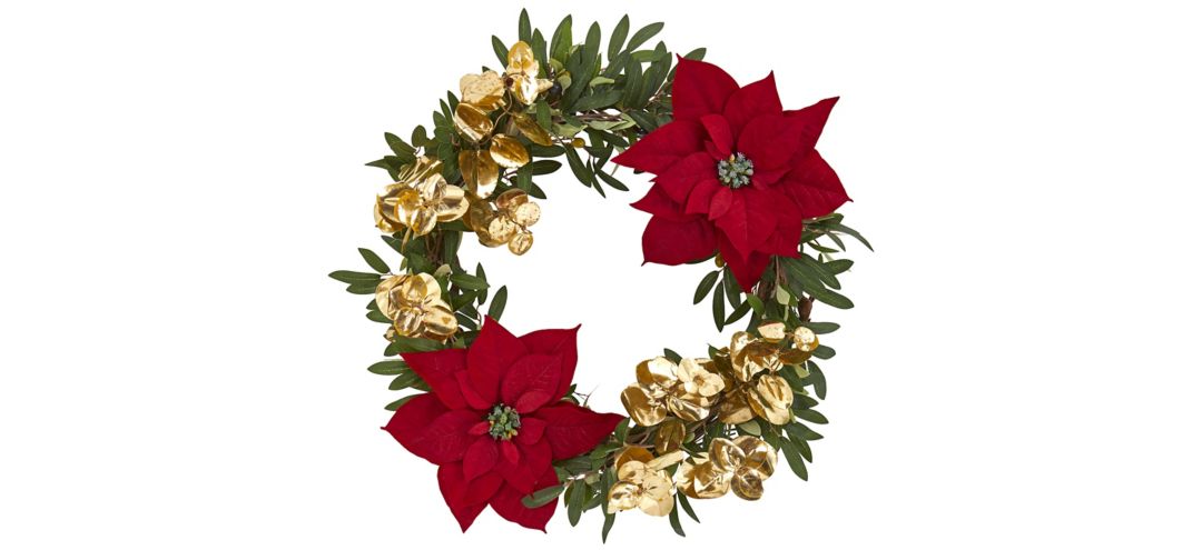 "21"" Olive, Poinsettia and Gold Eucalyptus Artificial Wreath"