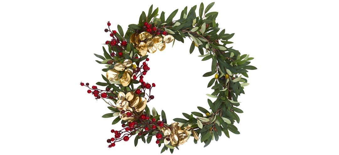 "21"" Olive, Berries and Gold Eucalyptus Artificial Wreath"