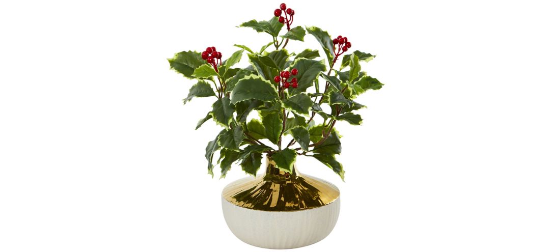 "14"" Variegated Holly Leaf Artificial Plant in Gold and Cream Elegant Vase"
