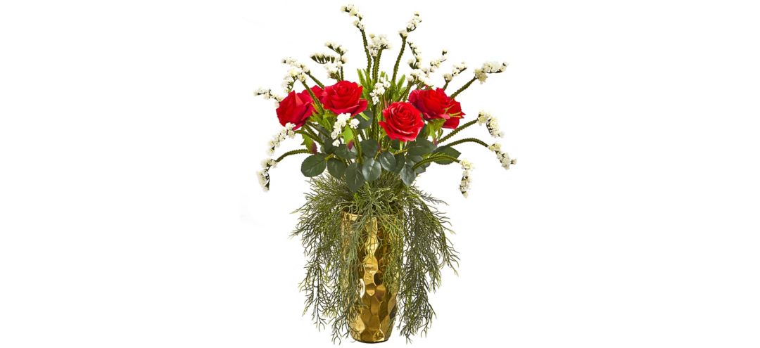 25 Red Rose Artificial Arrangement in Designer Gold Vase