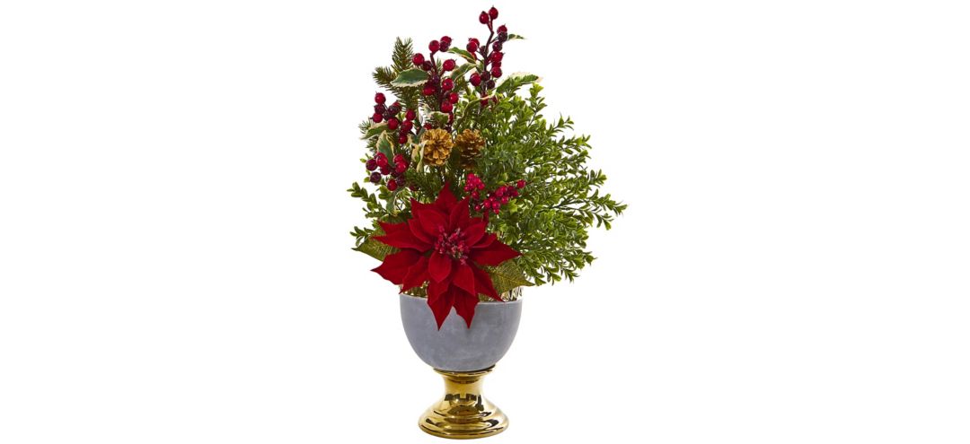 "23"" Poinsettia and Boxwood Artificial Arrangement in Stoneware Urn"