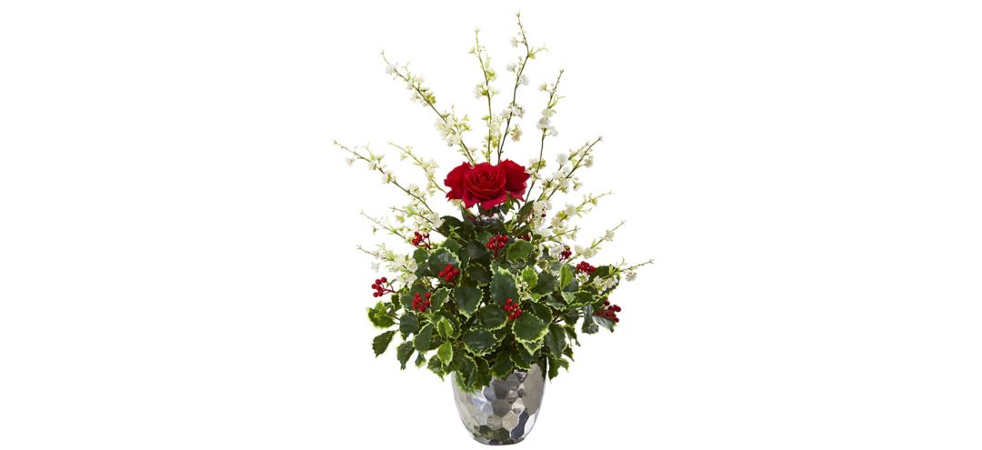 "29"" Rose, Cherry Blossom and Holly Leaf Artificial Arrangement in Silver Bowl"