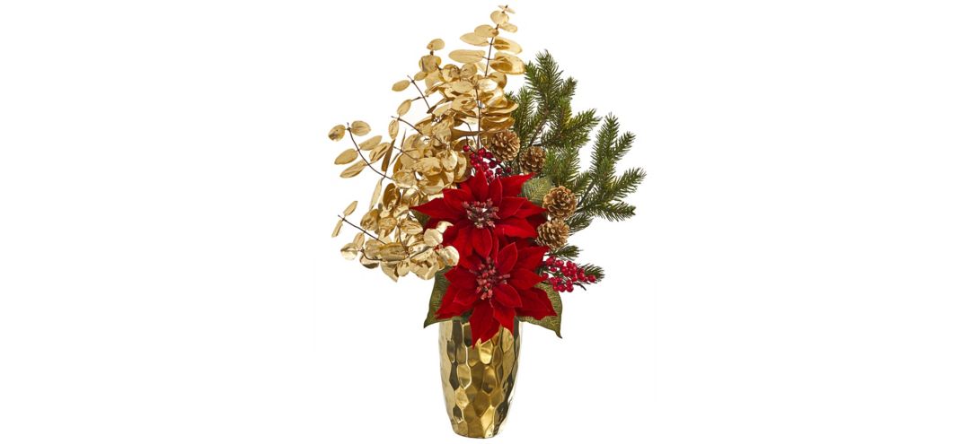 "24"" Poinsettia and Gold Eucalyptus Artificial Arrangement in Gold Vase"