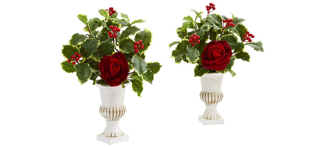 "15"" Rose and Holly Leaf Artificial Arrangement in White Urn: Set of 2"