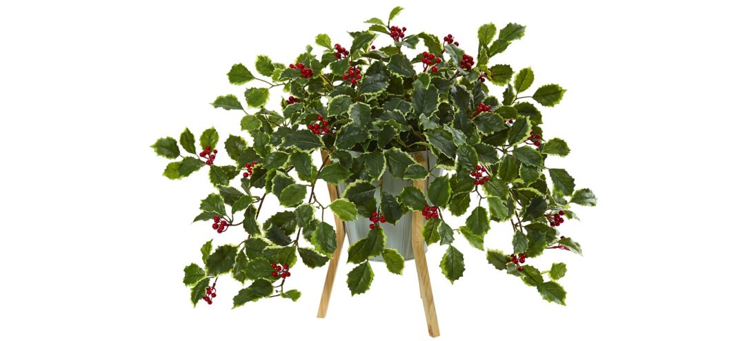 "22"" Variegated Holly Berry Artificial Plant in Green Planter with Stand"