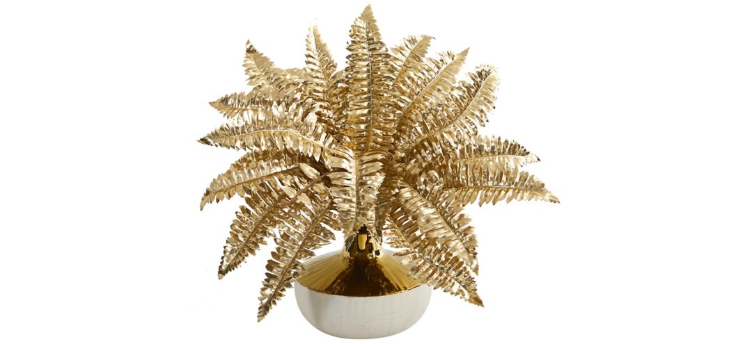 "13"" Golden Boston Fern Artificial Plant in Gold and Cream Elegant Vase"