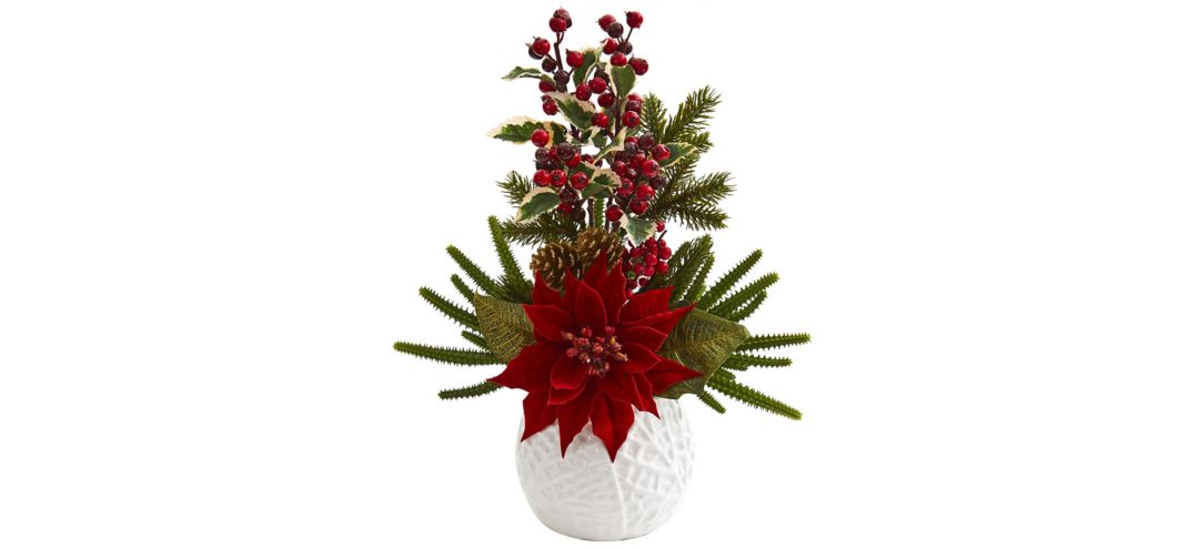 "18"" Poinsettia, Cactus and Holly Berry Christmas Artificial Arrangement in White Vase"